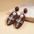 Pendientes ovalados de madera vintage con cruz de plata y perla de estilo étnico - Café (Poste de pendiente de plata)