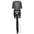 Chique zwarte mesh set met polkadots inclusief top met korte mouwen en geplooide minirok - S / Zwart