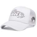 Detail of white trucker hat featuring high-quality grey 3D foam lettering and mesh back - Adjustable / White