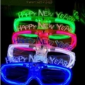 Five colorful LED Happy New Year 2026 glasses glowing in dark party settings - Cold Light New Year Square Glasses