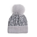 Grey sequined winter beanie with a fluffy faux fur pompom for cold weather fashion - One Size / Silver