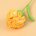 Close-up of handmade crochet carnation with orange yarn petals and green stem details - Finished Carnation Stems (gradually Turning Yellow)