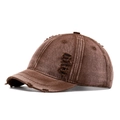 Distressed dark brown short brim baseball cap in vintage washed cotton fabric - Coffee