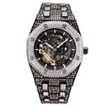 Black iced-out mechanical watch with skeleton dial and full crystal stones on stainless steel - Silver and Black