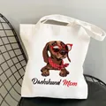 Cream canvas tote bag featuring a cute bespectacled dachshund and Dachshund Mom text - C6 / No Inner Pocket No Zipper