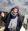 Winter color-block knit scarf in grey and navy blue with soft tassel fringe detail - Navy Blue and Grey