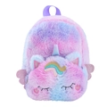 Detailed embroidery of unicorn face on pink tie-dye plush backpack with glitter wings - Wings Heart Purple