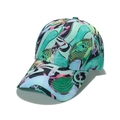 Abstract geometric baseball cap with vibrant teal and pink pop art print in 45-degree view - Cyan Pink Black Curves (E)