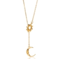 Detail of gold-plated Y-necklace with sunburst ring and engraved crescent moon face - Gold Sun Moon Celestial Y Necklace (N05650)