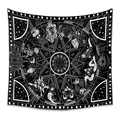 Detail of bohemian black and white tapestry featuring zodiac signs and pentagram design - 73X95CM / Brushed Fabric / Twelve Zodiac Skull