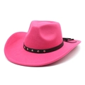 Detail of rose red felt jazz hat featuring black leather band and silver star studs - M(56-58cm) / Rose Red