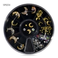 12-grid nail art wheel featuring gold moons, colorful rhinestones and imitation pearls - Gold Moon and Rhinestones Mix (sp0254)