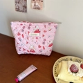 Pink quilted makeup bag with cute cartoon bunny prints and Sozakka embroidered label - Holiday Friends