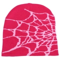 Detail of fuchsia knit beanie featuring a pink spider web jacquard pattern and texture - One Size / Rose Red
