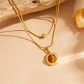 Collier double couche doré chaîne serpent avec pendentif pierre œil de chat sur beige - Oeil de Chat Carré Doré (K804)