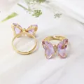 Adjustable golden ring set featuring purple crystal butterflies with sparkling zircons - Light Purple