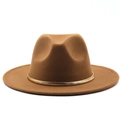 Brown wool fedora hat for women featuring a stylish gold chain band on white background - M (56-58cm) / Khaki