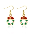 Festive Christmas wreath drop earrings with red bow and green foliage on gold hooks - Red Bow Xmas Ring
