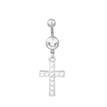 Silver belly button ring featuring a cross pendant with sparkling zircon gemstones - Cross Style (WG-1242)