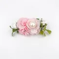 Pink fabric floral hair clip with lace flower pearl accent and green simulation leaves - Style 20 (Pink Pearl Cloth Flower)