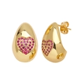 Elegant gold-plated heart hoop earrings with vibrant rose red cubic zirconia stones - Red Heart