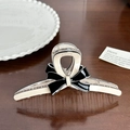 Elegant large beige hair claw clip with a 3D black bow accent for a stylish ponytail look - White Base Ribbon Large-13cm