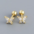 Sparkling butterfly screw back earrings in gold finish with clear zircon stones - 925 Silver / Gold