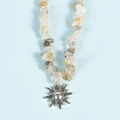 Necklace with silver sun pendant and irregular yellow crystal stone beads on blue base - Rutilated Quartz Sun