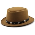 Detail of camel wool pork pie hat featuring a black leather band with silver metal studs - M(56-58cm) / Camel