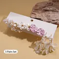 Set of 5 floral earrings featuring faux pearls and purple resin petals on gold alloy - White 10-Piece Set (Silver Pin)