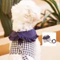 Blue and white checkered pet harness vest with purple frill trim and 1.2m matching leash - Navy Blue / S (Under 2.5kg)