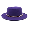 Detail of dark purple wool flat top hat featuring a stylish bold gold chain band - M (56-58cm) / Purple