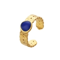 Adjustable gold plated ring featuring vintage leaf patterns and a round blue enamel gem - Gold Blue Leaf Feather (J524-1)