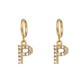 Gold plated stainless steel hoop earrings with letter P pendant micro paved with zircons - Letter P