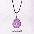 Purple amethyst teardrop pendant with golden tree of life on black cord necklace - Tree of Life Amethyst Pendant