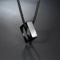 Minimalist black square ring pendant necklace with brushed metal finish on a long chain - Black