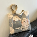 Canvas tote bag with cute cartoon cat print and brown woven handles for students - Off-white All-over Cat Print cat