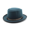 Detail of wool pork pie hat featuring ethnic woven band and leather buckle closure - M (56-58cm) / Teal