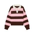 Detalle del suéter de punto a rayas rosa y marrón con cuello de polo blanco en contraste - S / Rosa Marrón