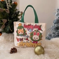 Christmas cartoon canvas tote bag in off-white with green handles and festive print - Christmas Cute Friend