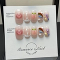 Unghie finte fatte a mano rosa sfumato con decorazioni 3D a pesca, arcobaleno e fiori - Stile Pesca Arcobaleno Dipinto a Mano / Extra Piccolo (XS)