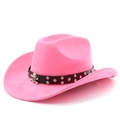 Close-up of pink faux suede cowboy hat with studded leather band and skull logo detail - M (56-58cm) / Magenta