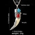 Ethnic wolf tooth pendant necklace in stainless steel and acrylic with size details - Pendant 6.15cm x 1.72cm / Wolf Tooth No. 46 + Steel Chain