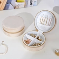 Portable beige velvet jewelry box with gold zipper and multi-functional inner sections - Round Gold Zipper Beige - White Velvet Interior
