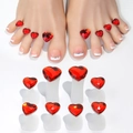 Detail view of 8 red heart rhinestone toe separators for Japanese nail art pedicure - Red Heart Style (10)
