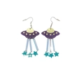 Sparkly purple acrylic UFO earrings with dangling iridescent ribbons and teal glitter stars - Purple Glitter Tassel Style(10B63)
