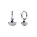 Detail of silver fan-shaped earrings with a dark blue crystal on a white background - 24K / Silver Dark Blue Rhinestone Style (JQH0010-SS-2)