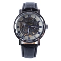 Detailed close-up of a men's mechanical skeleton watch with Roman numerals and leather strap - Silver Case White Dial Silver Hollow