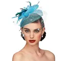 Vintage turquoise pillbox hat with feathers, flowers and white mesh veil for weddings - Lake Blue