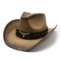 Classic straw western cowboy hat with metal bull head ornament and smoky brim detail - Khaki Brown